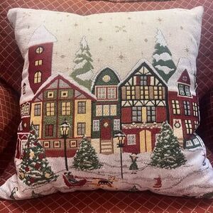 Vintage Christmas Village Woven Tapestry Pillow w Metallic Shimmer Thread